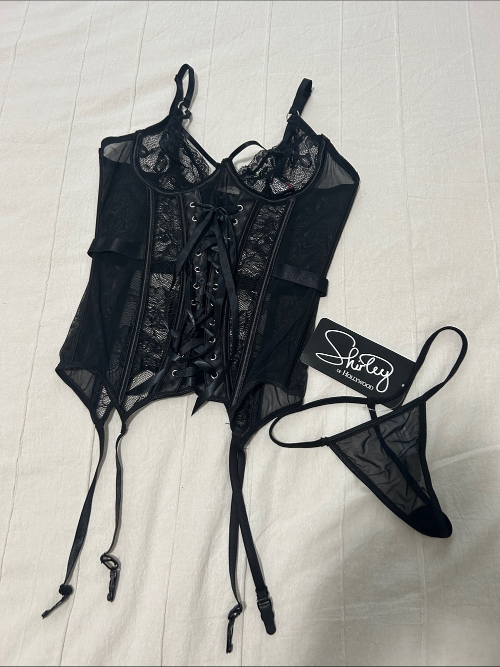 Shirley of Hollywood Black Lace Corset Bustier with G-String